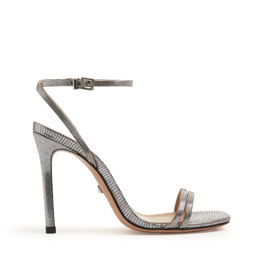 Sandals SCHUTZ | Altina Sandal In Lizard Effect Metallic Leather | Schutz Shoes Prata Silver